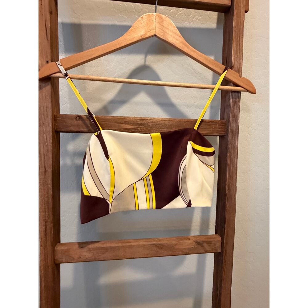 House of Harlow Printed Smocked Back Crop Cami Top Size S Yellow Brown
